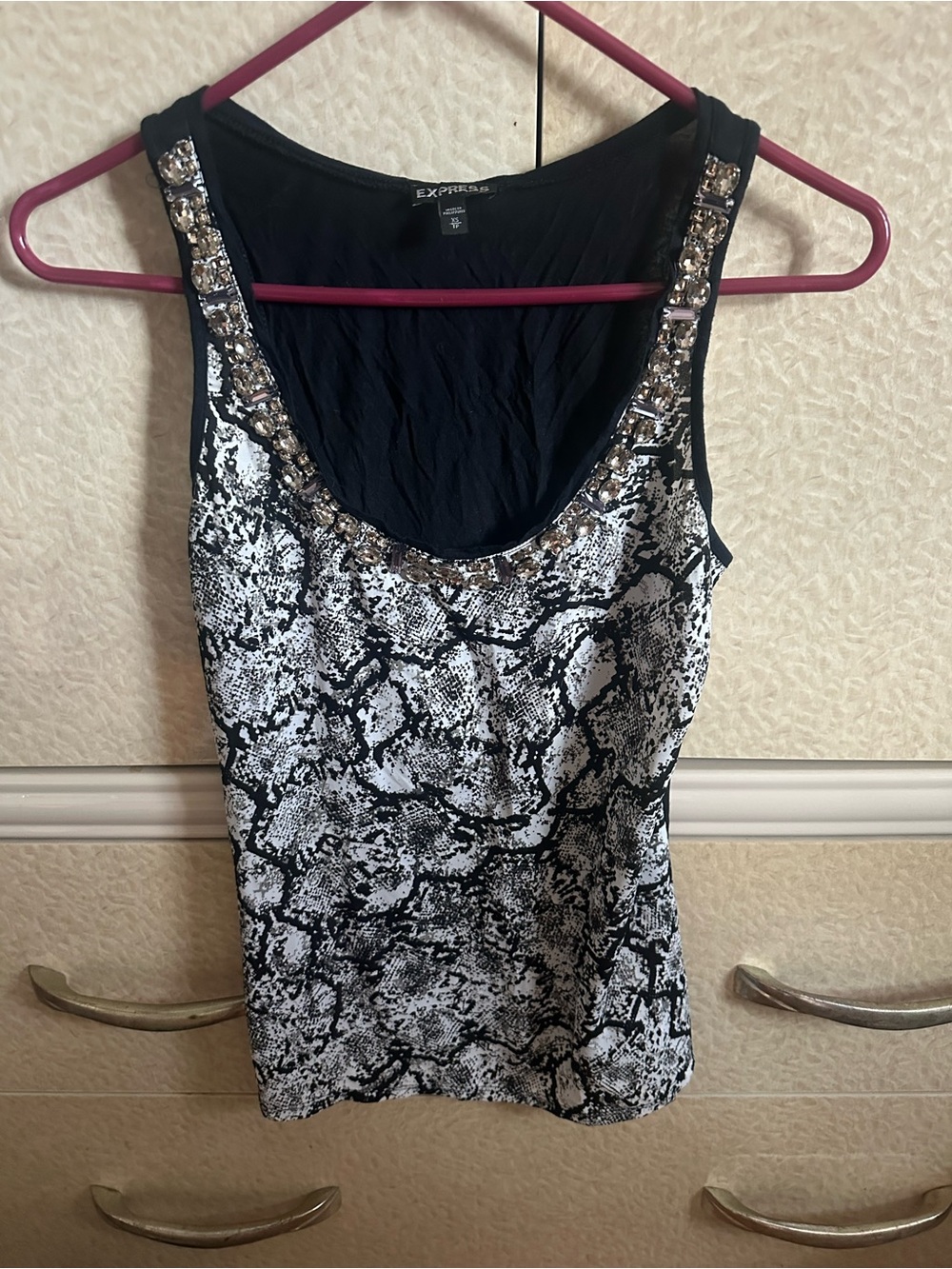 Express Black & White Snake-Print Jeweled Tank